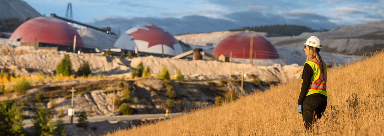 A worker in safety gear overlooks a mining facility with large domed structures in the background.