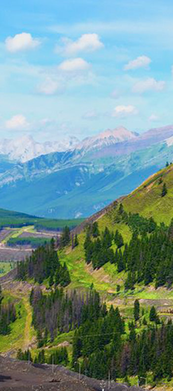 Colorful mountainous landscape with green hills, tall trees, and a vibrant blue sky with clouds.