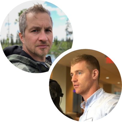 Two men: one in an outdoor setting, the other indoors wearing a light blue shirt.