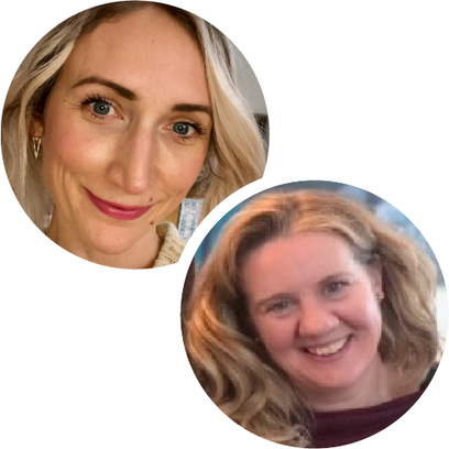 Two smiling women with light hair, facing the camera, in circular frames.