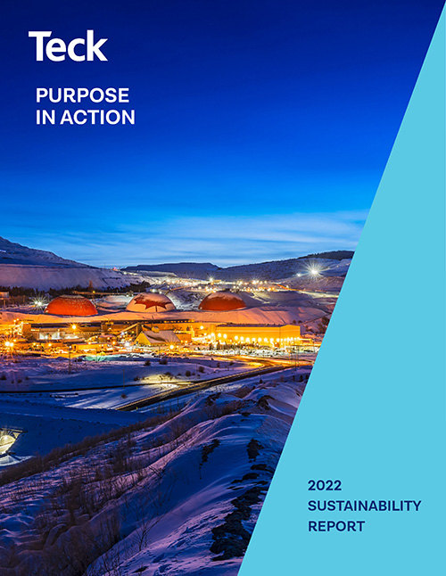 Teck 2022 Sustainability Report cover showing a lit-up facility against a twilight landscape backdrop.