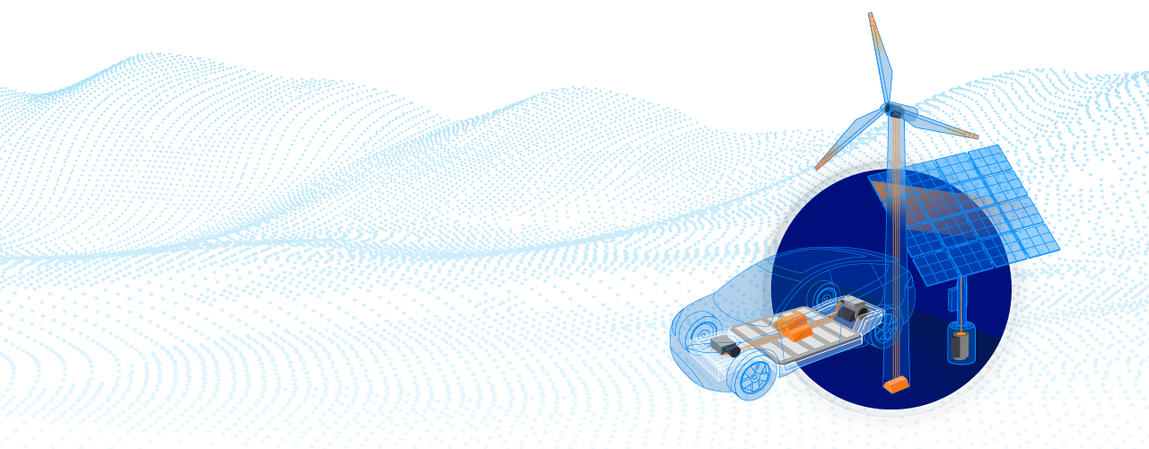 <span>Copper’s Role in a</span>Low-Carbon Economy Car, wind turbine, and solar panel against a digital landscape background.