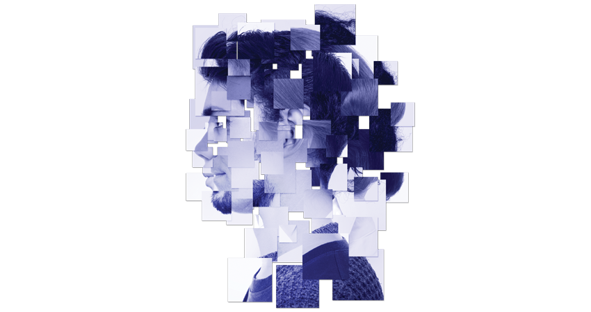 A fragmented, artistic profile of a man with a bun in blue tones, composed of various squares.