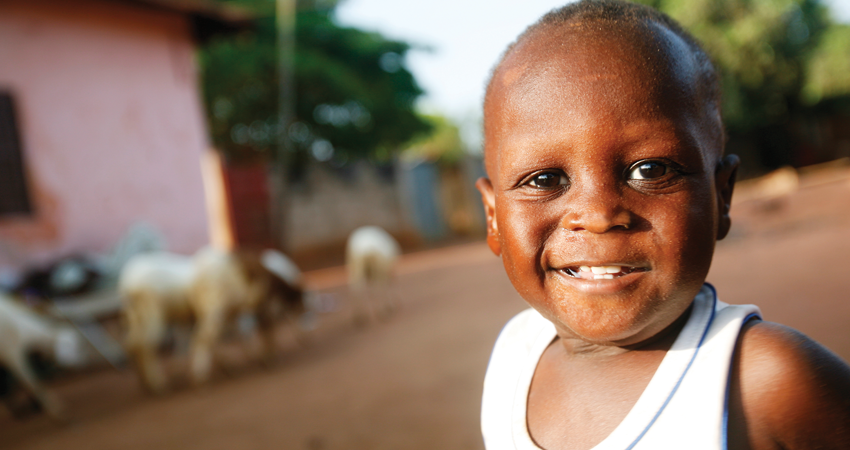 A smiling child in a white shirt standing outdoors with animals and buildings in the background.