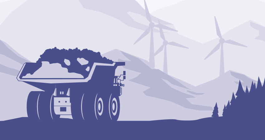 Illustration of a dump truck carrying rocks with wind turbines in the background.