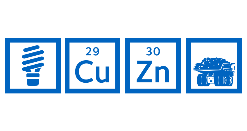 Icons of a light bulb, copper (Cu), zinc (Zn), and a dump truck with ore.