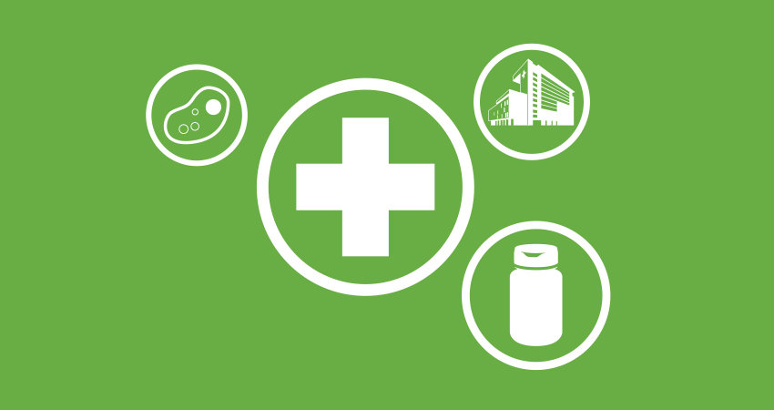 Medical symbols: cross, pill, microscope, and hospital on green background.