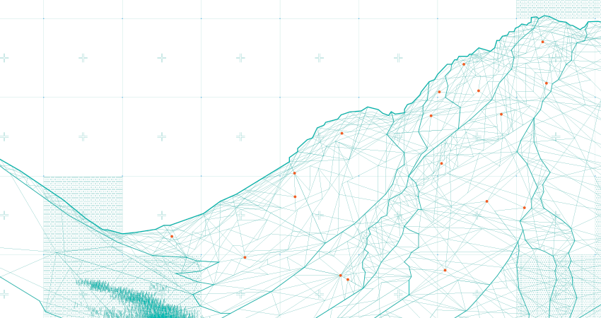 Digital terrain model with contour lines and data points marked in red along mountainous area.