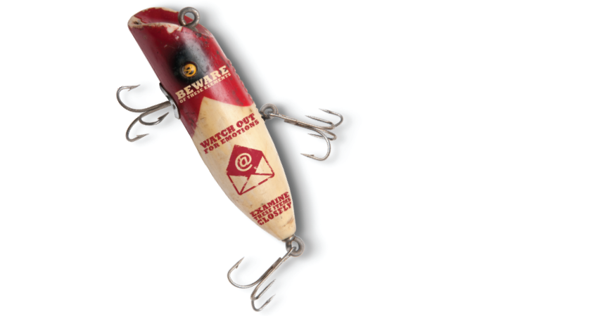 Fishing lure with 'beware' and email scam warning graphics.