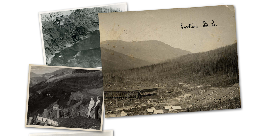 Three vintage photographs of Corbin, B.C., showcasing mountains and early settlement structures.