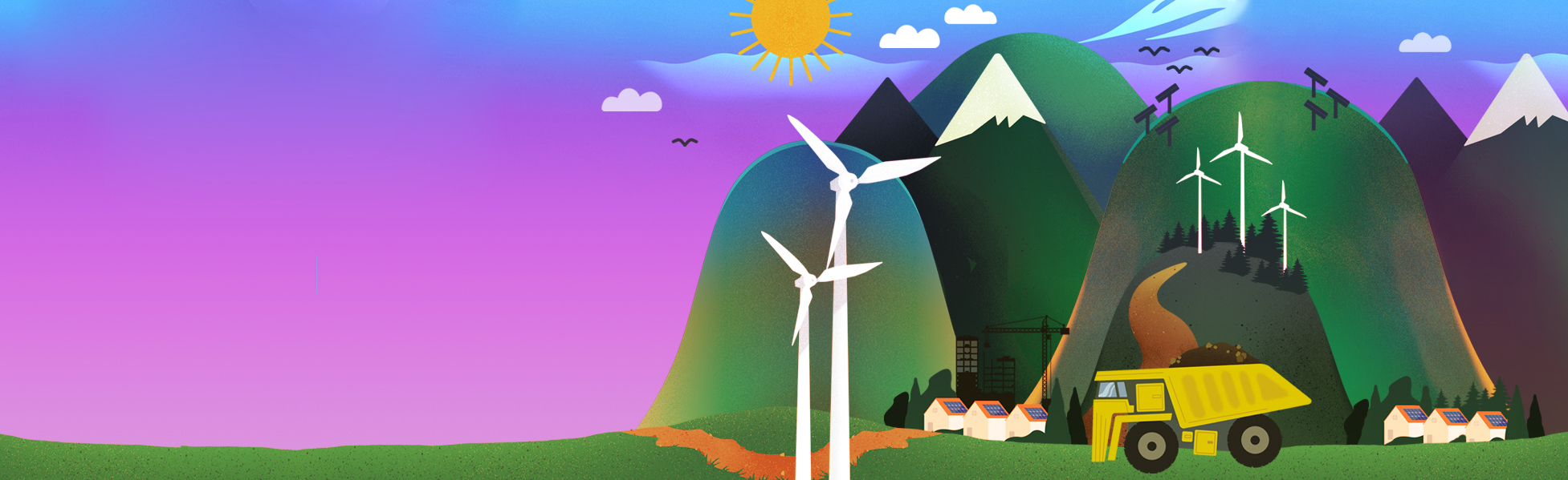 Wind turbines and a truck at the base of green mountains under a bright sky with sun and clouds.